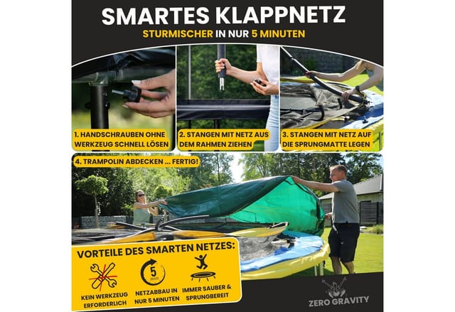 Zero Gravity Trampolin Outdoor 244cm TÜV GS Smartes Klappnetz mit Leiter