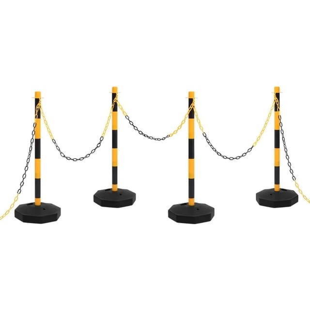 DELUKE Kettenpfosten SEGO 4er Set Mit 10m Kunststoffkette Gelb Kettenständer Mit Warnkette Gliederkette Sicherheitskette Zum Absperren