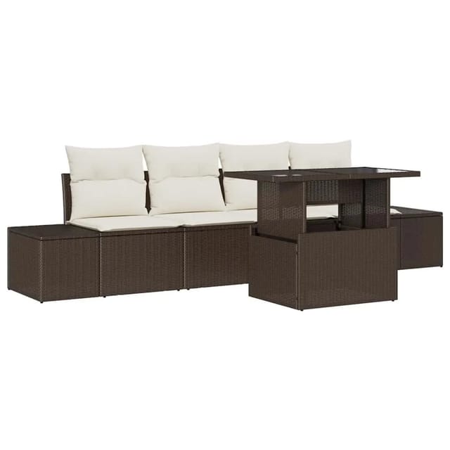 vidaXL Garten-Sofa-Set mit Kissen mit Speicher 5-Tlg Braun und Creme 3357821