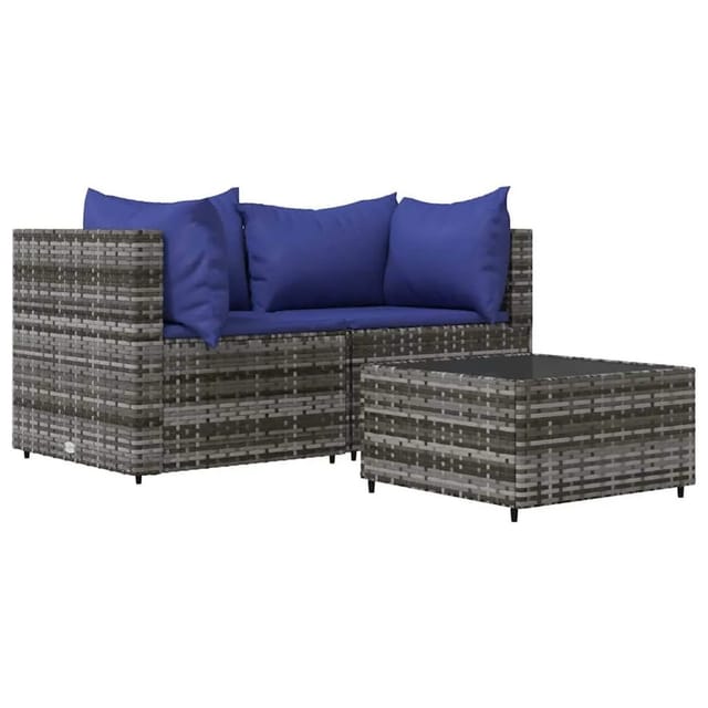 vidaXL 3-Tlg Garten-Lounge-Set mit Kissen Grau Poly Rattan 319843