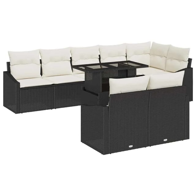 vidaXL Garten-Sofa-Set mit Kissen mit Speicher 9-Tlg Schwarz und Creme 3349023