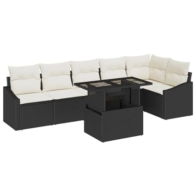 vidaXL Garten-Sofa-Set mit Kissen mit Speicher 7-Tlg Schwarz und Creme 3357750