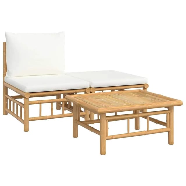 vidaXL 3-Tlg Garten-Lounge-Set mit Kissen Creme Bambus 362297