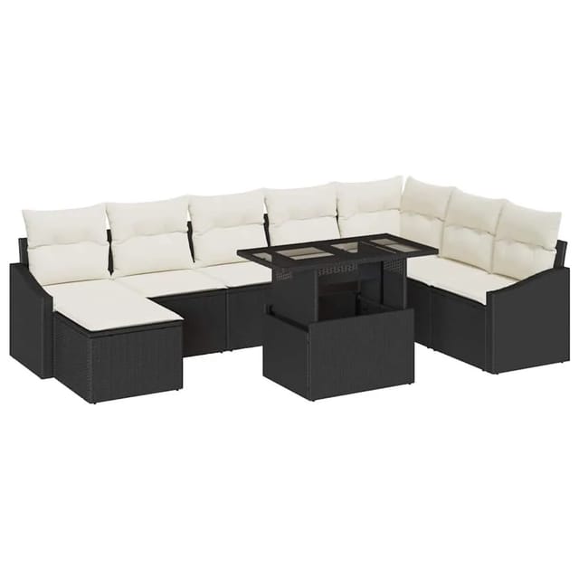 vidaXL Garten-Sofa-Set mit Kissen mit Speicher 9-Tlg Schwarz und Creme 3357790