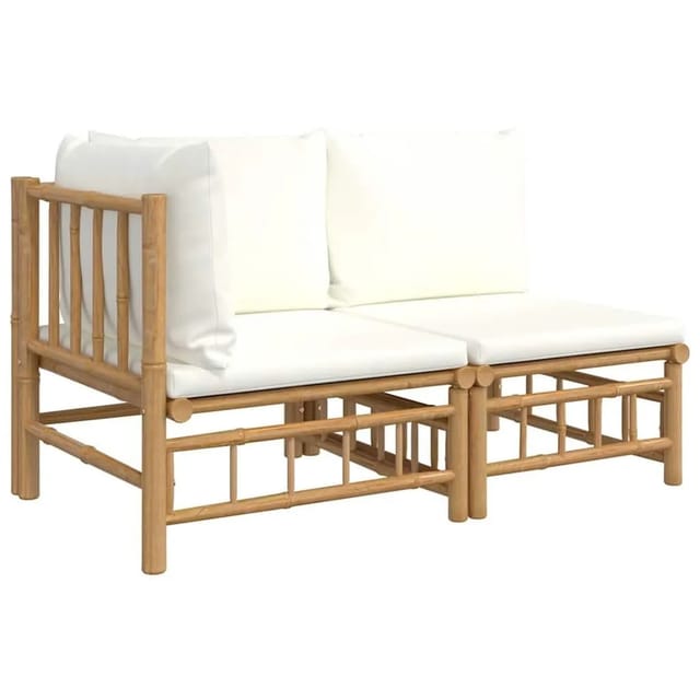 vidaXL 2-Tlg Garten-Lounge-Set mit Cremeweißen Kissen Bambus 362298