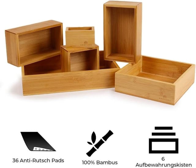 addhome 6er Set Bambus Schubladen Organizer Individuelle Boxen inkl. Pads