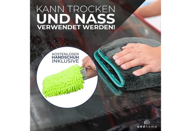 addhome Auto-Mikrofasertuch Set 1200 GSM 3x Tuch 40x40cm + Waschhandschuh
