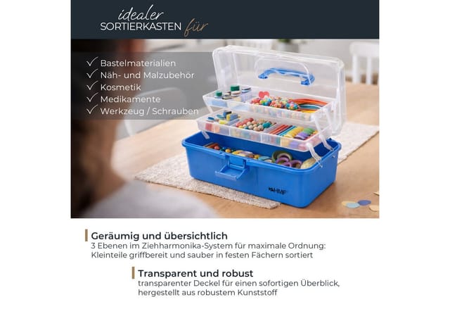 HMF STK901-05 Nähkasten Mit 3 Ebenen Sortierbox Blau 365x205x160 mm Für Nähzubehör Und Handarbeitsmaterial