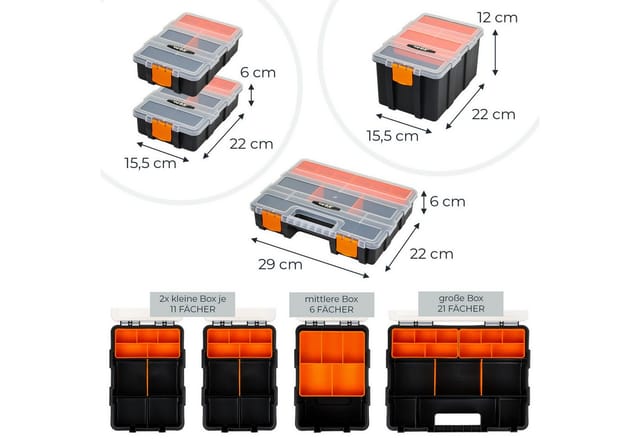 HMF STK301-18 Sortierbox 4-Teilig Leer Sortimentskasten Für Werkzeug Und Kleinteile Zur Ordnung Und Aufbewahrung