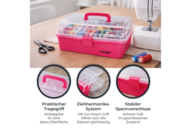HMF STK901-03 Nähkasten Mit 3 Ebenen Sortierbox Pink 365x205x160 mm Für Nähzubehör Und Handarbeitsmaterial