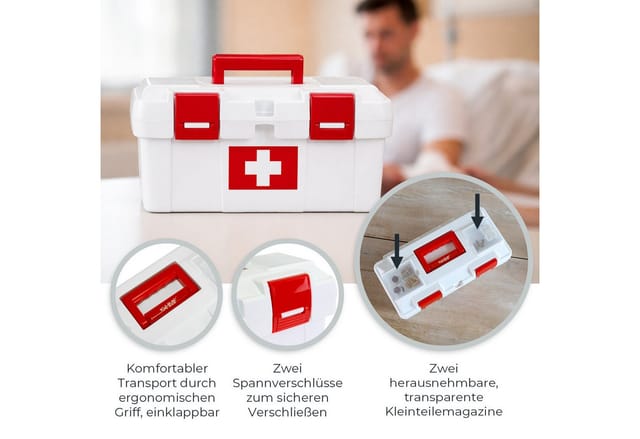 HMF MZK100-37CM-01 Erste-Hilfe-Kasten Medikamenten Aufbewahrungsbox Leer 370x200x185 mm In Weiß-Rot