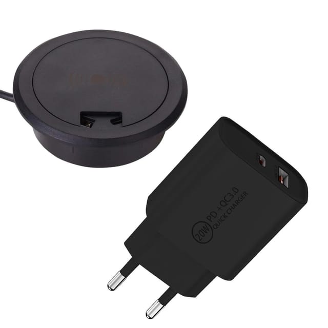 SOTECH Einbau Qi Wireless Charger WLC-03 Ø75 x 19 mm Schwarz inkl. USB A USB C Netzteil 20W Quick Charge 3.0