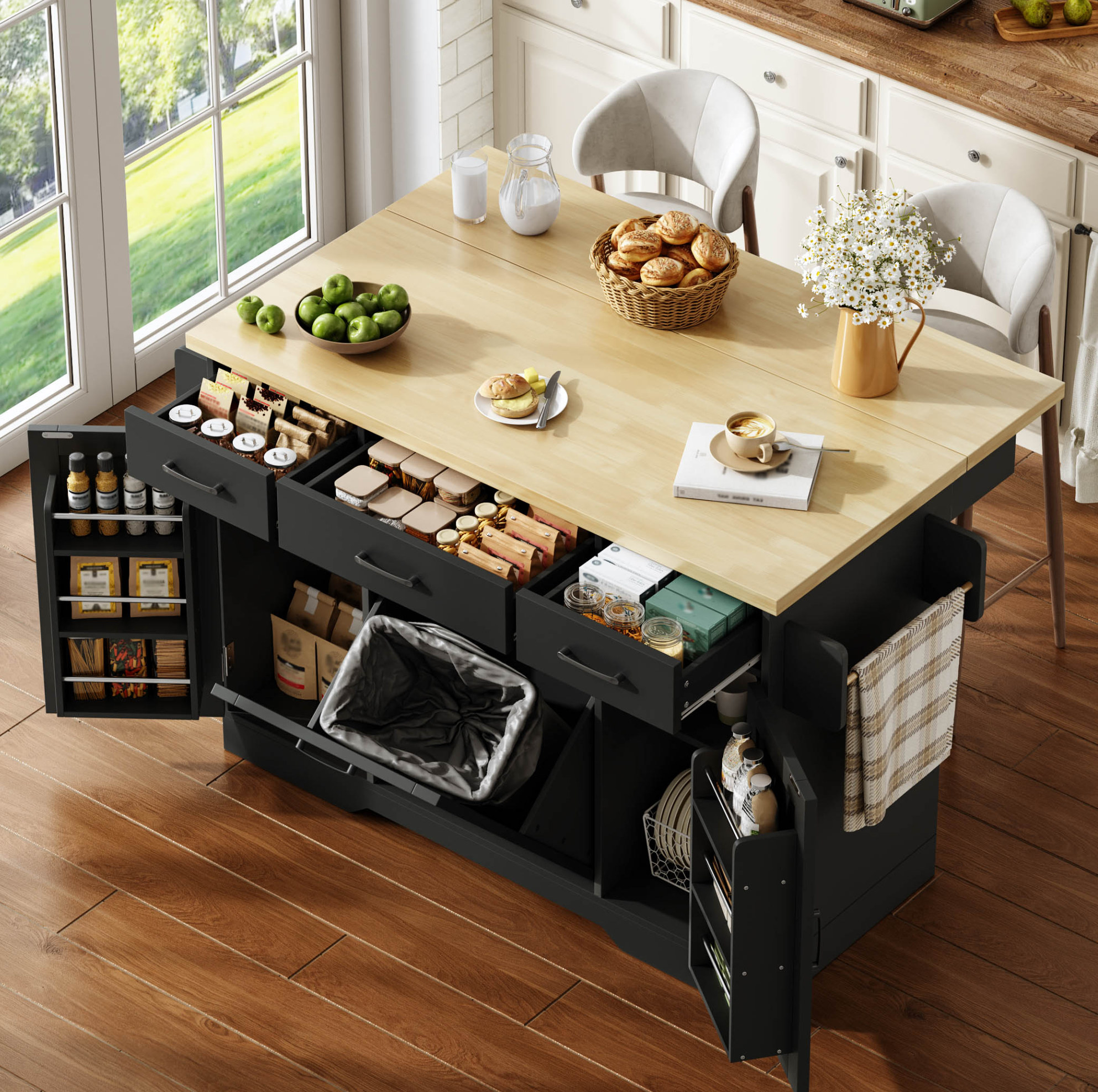 Îlot De Cuisine 120x45x87 Cm Noir En Mdf Avec Plateau Rabattable, Rangement Et Compartiment Poubelle