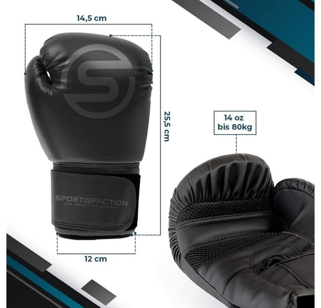 Sportisfaction Boxhandschuhe 14oz Set inkl. Bandagen & Springseil Schwarz PU-Leder