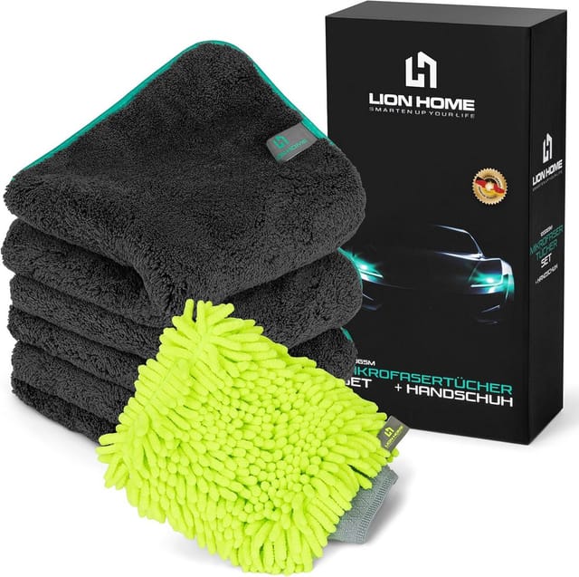 Lion Home 3x Mikrofasertuch 40x40 1200 GSM & Handschuh Set Saugstark & Sanft
