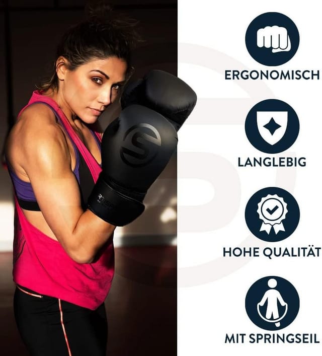 Sportisfaction Boxhandschuhe 8oz Set inkl. Bandagen & Springseil Schwarz PU-Leder