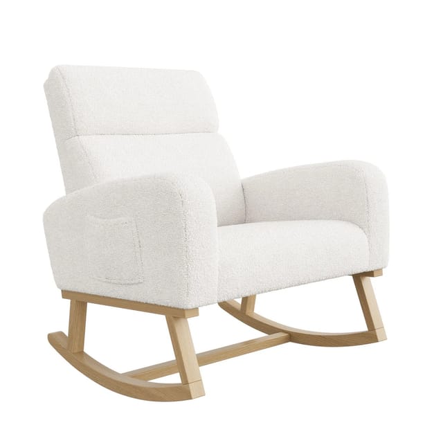 PXloue Schaukelstuhl in Weiß mit Seitentaschen Teddy-Samt 79L x 69B x 87H cm