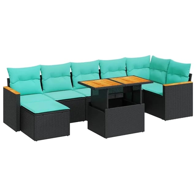 vidaXL 8 Tlg Garten-Sofagarnitur mit Kissen Schwarz Poly Rattan 3327515