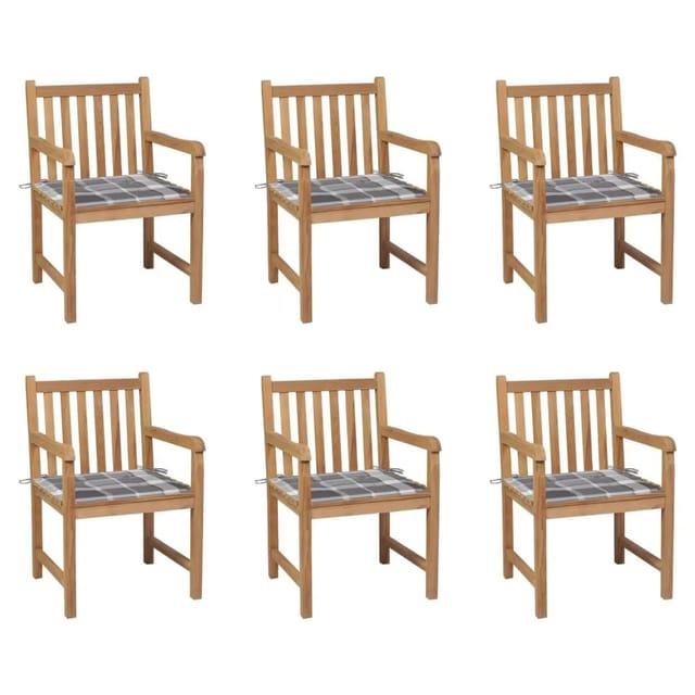 vidaXL Gartenstühle 6 Stk Graue Karomuster-Kissen Massivholz Teak 3073045