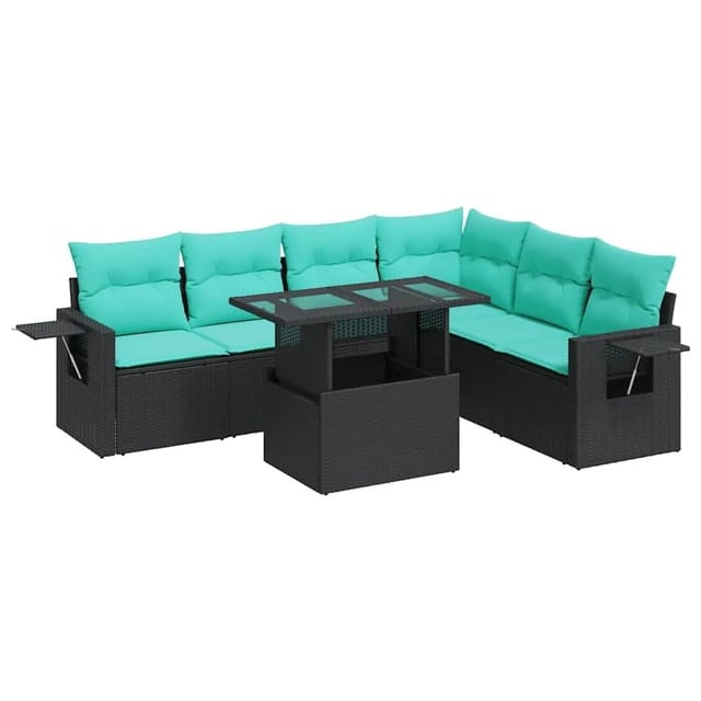 vidaXL 7 Tlg Garten-Sofagarnitur mit Kissen Schwarz Poly Rattan Akazie 3326488