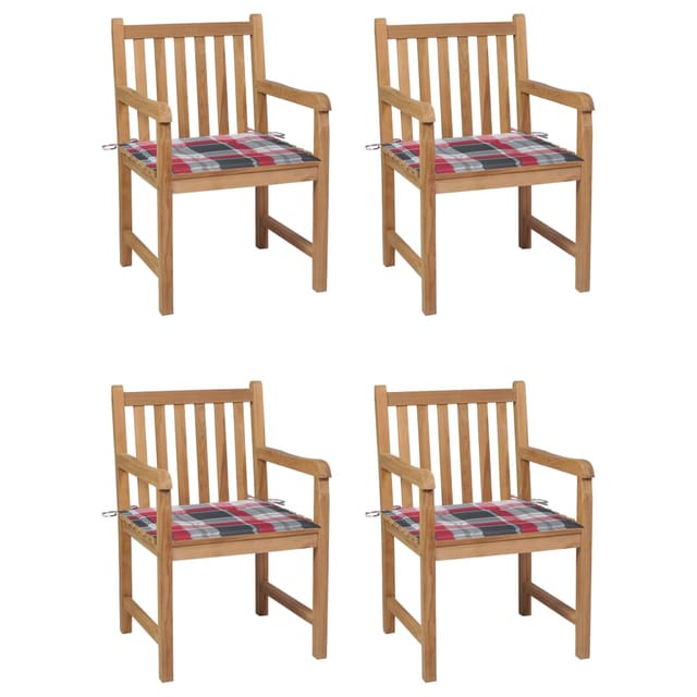 vidaXL Gartenstühle 4 Stk Rote Karomuster-Kissen Massivholz Teak 3073017