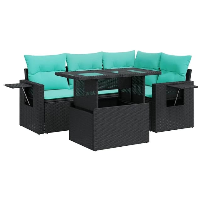 vidaXL 5 Tlg Garten-Sofagarnitur mit Kissen Schwarz Poly Rattan Akazie 3326468