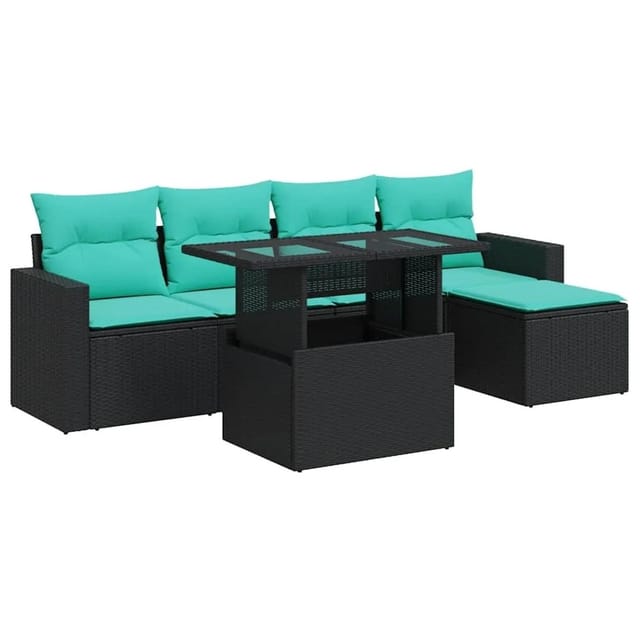 vidaXL 6 Tlg Garten-Sofagarnitur mit Kissen Schwarz Poly Rattan 3326298