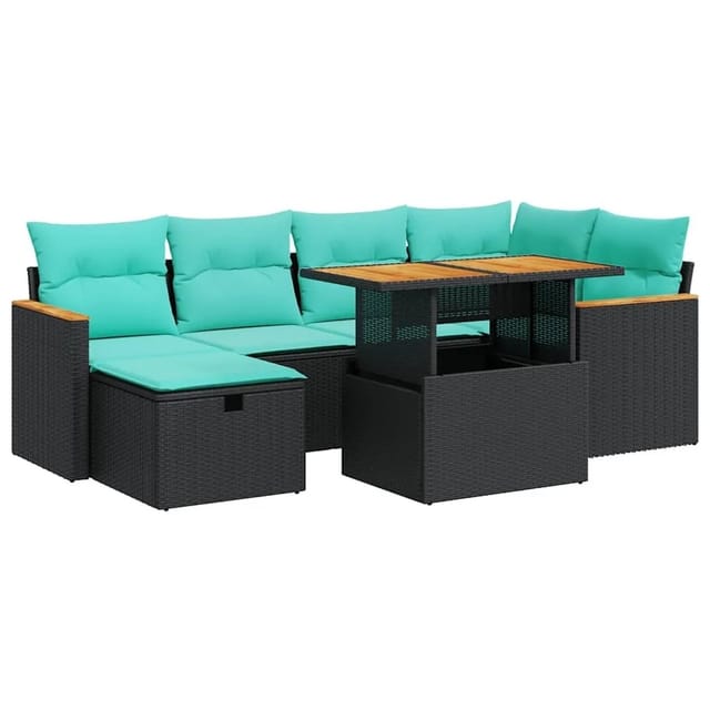 vidaXL 7 Tlg Garten-Sofagarnitur mit Kissen Braun Poly Rattan Akazie 3328114