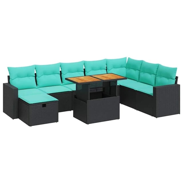 vidaXL 9 Tlg Garten-Sofagarnitur mit Kissen Schwarz Poly Rattan 3328016