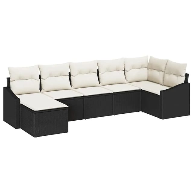 vidaXL Garten-Sofa-Set mit Kissen 7 Tlg Schwarz und Creme Poly-Rattan 3355476