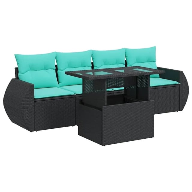 vidaXL 5 Tlg Garten-Sofagarnitur mit Kissen Schwarz Poly Rattan Akazie 3326558