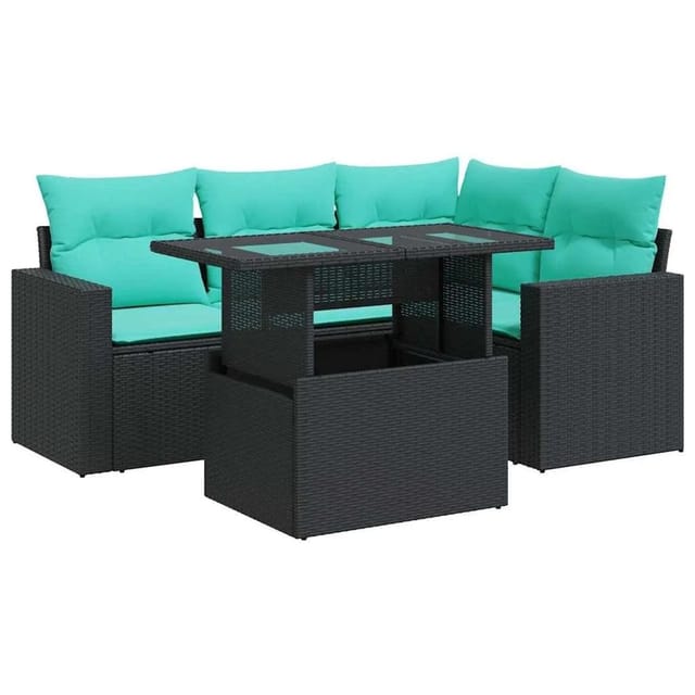 vidaXL 5 Tlg Garten-Sofagarnitur mit Kissen Schwarz Poly Rattan Akazie 3326308