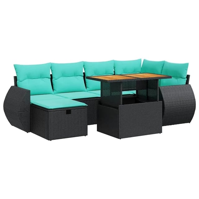 vidaXL 7 Tlg Garten-Sofagarnitur mit Kissen Grau Poly Rattan Akazie 3328058