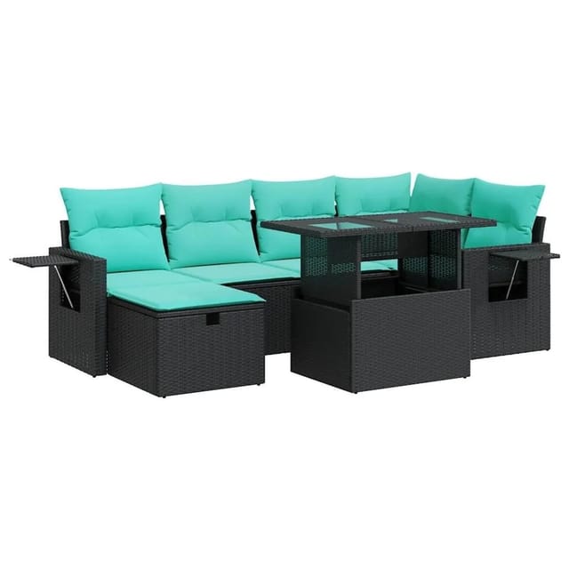 vidaXL 7 Tlg Garten-Sofagarnitur mit Kissen Grau Poly Rattan Akazie 3327857
