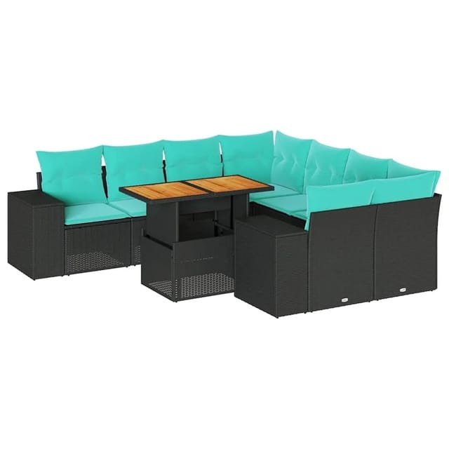 vidaXL 9 Tlg Garten-Sofagarnitur mit Kissen Schwarz Poly Rattan 3327354