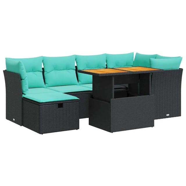 vidaXL 7 Tlg Garten-Sofagarnitur mit Kissen Braun Poly Rattan Akazie 3327974