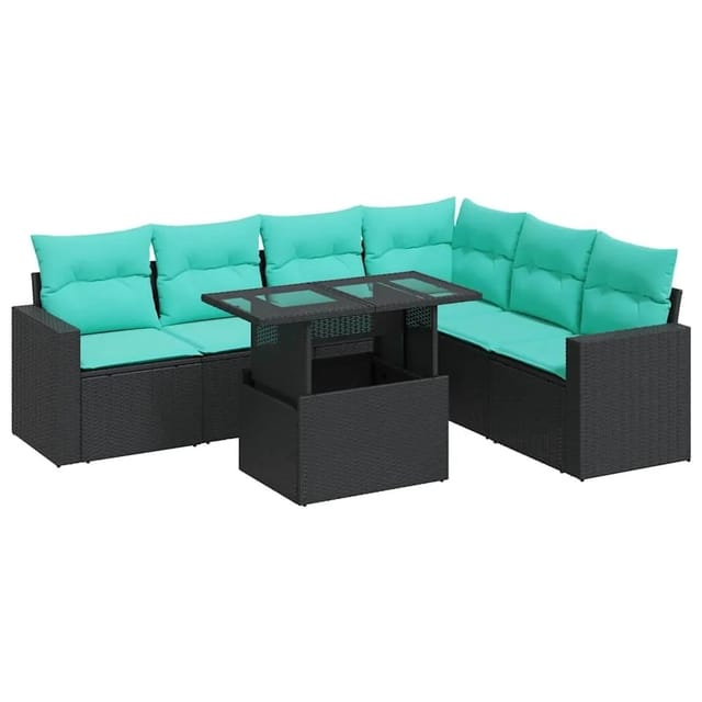 vidaXL 7 Tlg Garten-Sofagarnitur mit Kissen Schwarz Poly Rattan Akazie 3326328