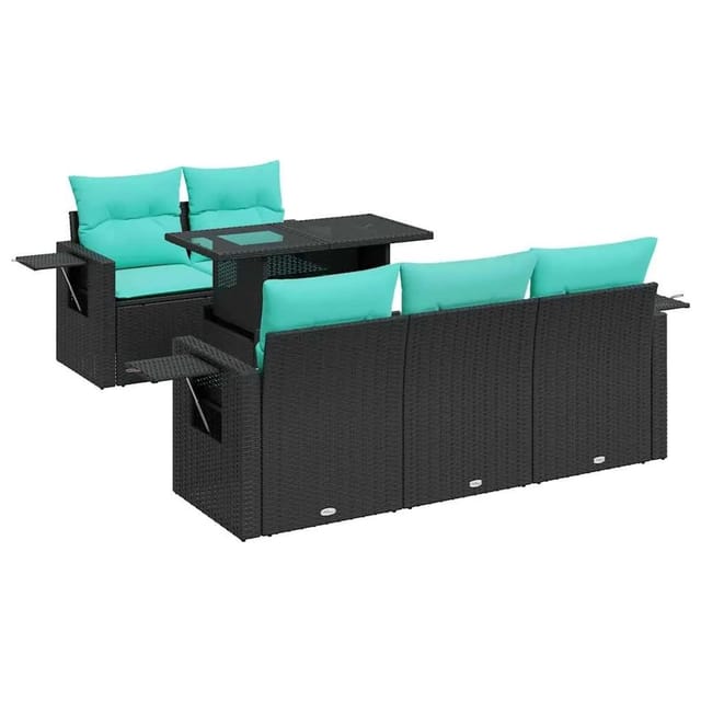 vidaXL 6 Tlg Garten-Sofagarnitur mit Kissen Schwarz Poly Rattan Akazie 3326408