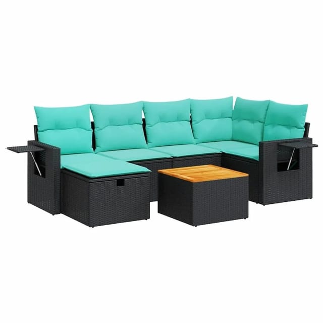 vidaXL 7 Tlg Garten-Sofagarnitur mit Kissen Schwarz Poly Rattan 3325816