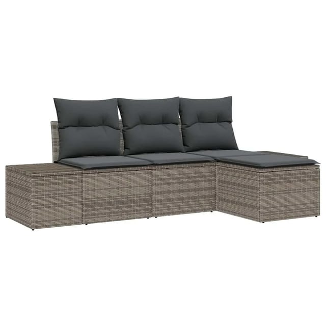 vidaXL Garten-Sofa-Set mit Kissen mit Speicher 4 Tlg Grau Poly-Rattan 3355678