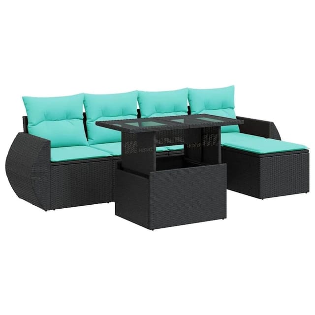 vidaXL 6 Tlg Garten-Sofagarnitur mit Kissen Schwarz Poly Rattan 3326618
