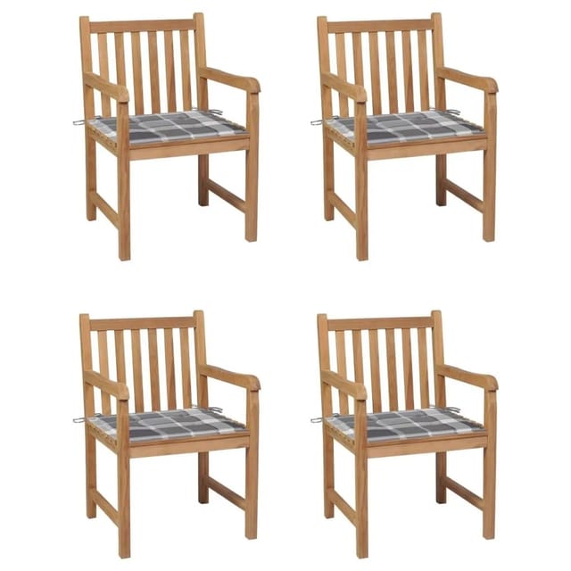 vidaXL Gartenstühle 4 Stk Graue Karomuster-Kissen Massivholz Teak 3073018