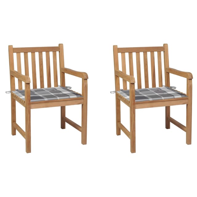 vidaXL Gartenstühle 2 Stk Graue Karomuster-Kissen Massivholz Teak 3062744