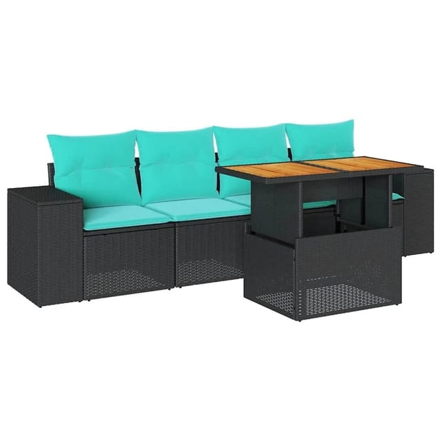 vidaXL 5 Tlg Garten-Sofagarnitur mit Kissen Schwarz Poly Rattan 3327319