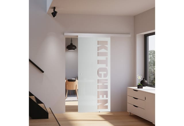 inova Glasschiebetür Kitchen Schriftzug 755 x 2035 mm Komplettset mit Griffmuschel inkl. 2Seitiger Softclose