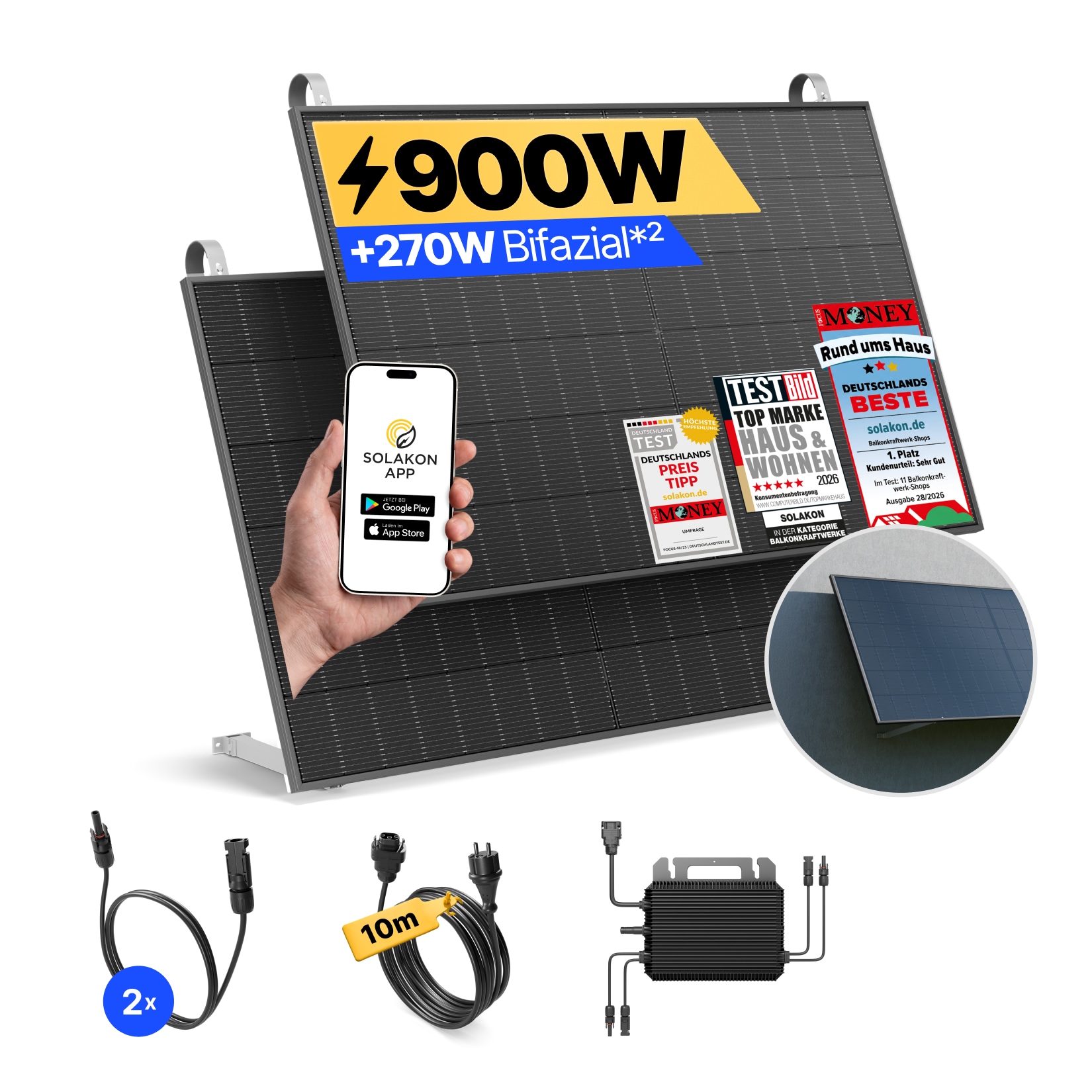Solakon Balkonkraftwerk 900W Solaranlage mit Wandhalterung Steckerfertig Komplettset Photovoltaik 800W Kabellänge 10m