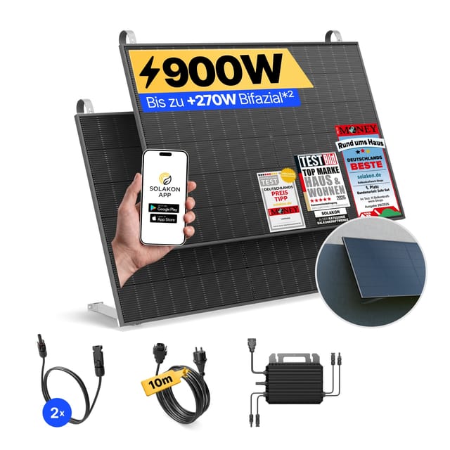 Solakon Balkonkraftwerk 900W Solaranlage mit Wandhalterung Steckerfertig Komplettset Photovoltaik 800W Kabellänge 10m