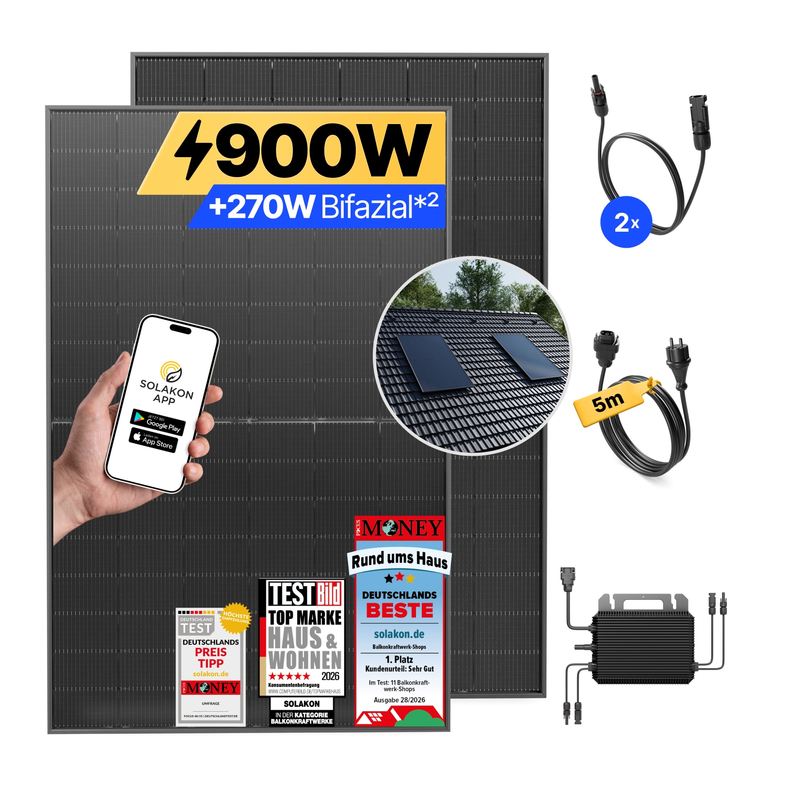 Solakon Balkonkraftwerk 900W Solaranlage mit Ziegeldach Halterung Einzelmontage Steckerfertig Komplettset Photovoltaik 800W Kabellänge 5m
