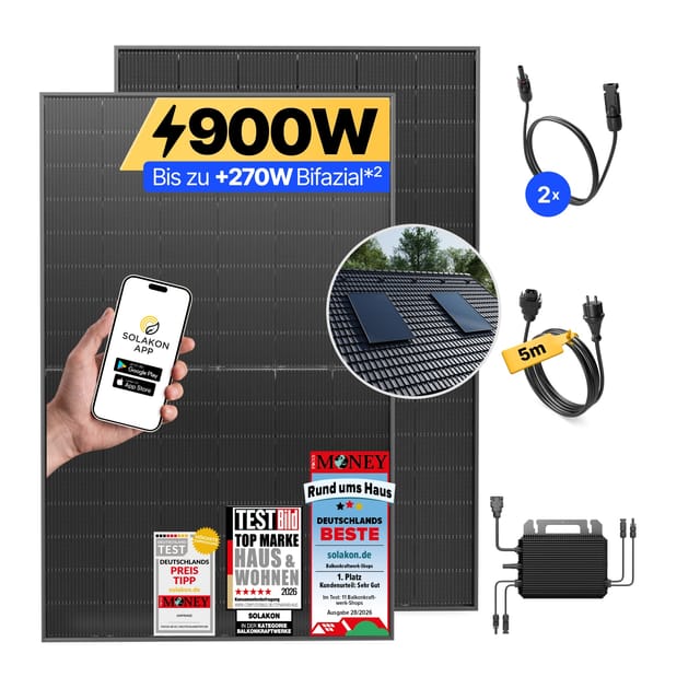 Solakon Balkonkraftwerk 900W Solaranlage mit Ziegeldach Halterung Einzelmontage Steckerfertig Komplettset Photovoltaik 800W Kabellänge 5m