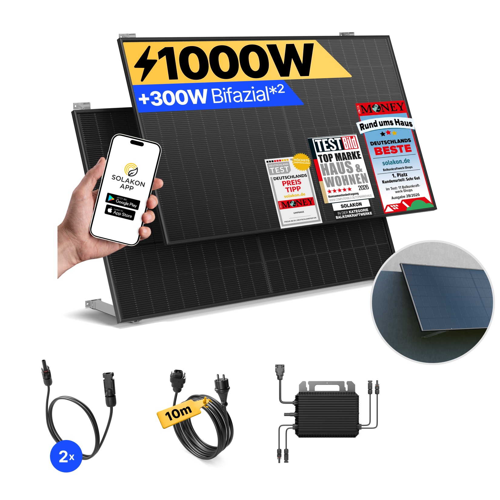 Solakon Balkonkraftwerk 1000W Solaranlage mit Wandhalterung Steckerfertig Komplettset Photovoltaik 800W Kabellänge 10m